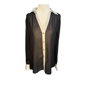 NEW Cache Vintage Black Sheer Silk Blouse White Collar Cuffs‎ Size Medium NWT